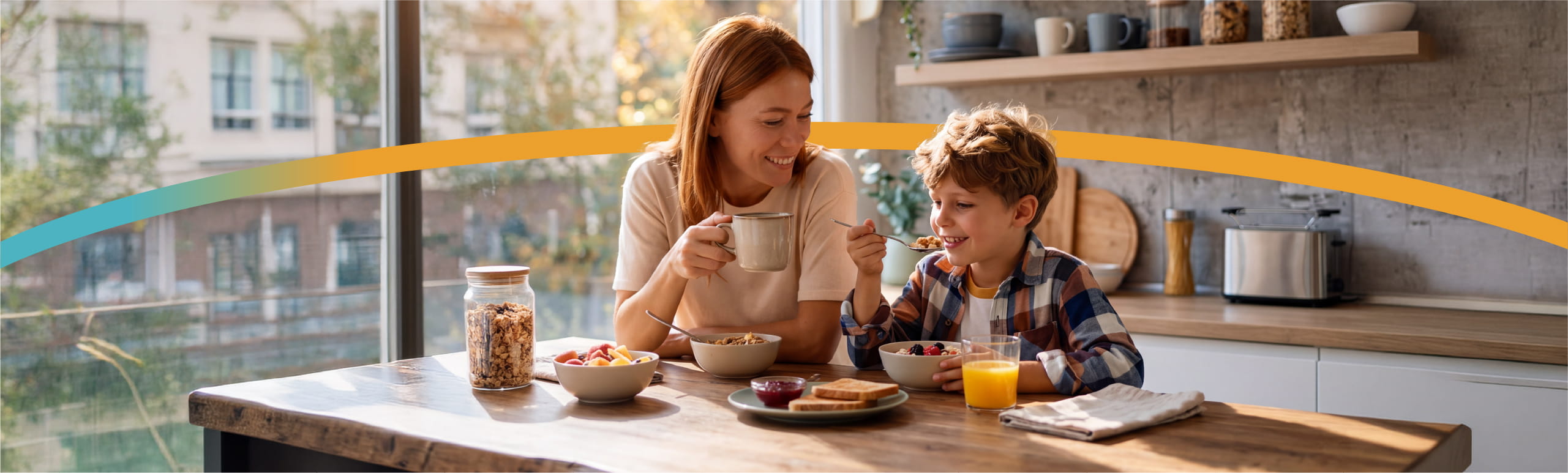Save on your next prescription - mother and son at breakfast